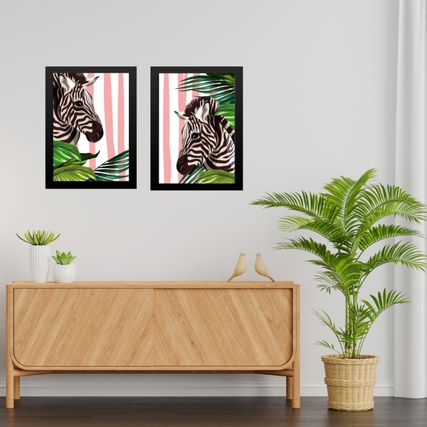 Kit 2 Quadros Zebras Listras Rosas 33x24cm - Com Vidro Moldur