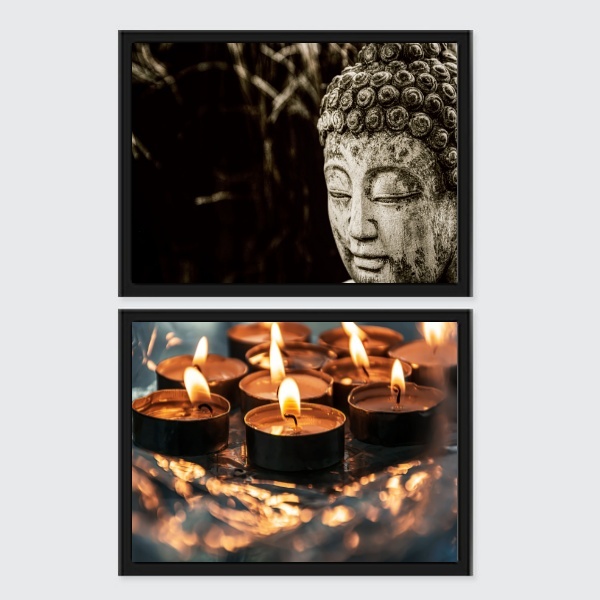 Kit 2 Quadros Zen Buda E Velas 45x34cm - Com Vidro Moldura:ma