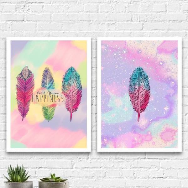 Kit 2 Quadros Zen Penas Hapiness 45x34cm Moldura:madeira Bran