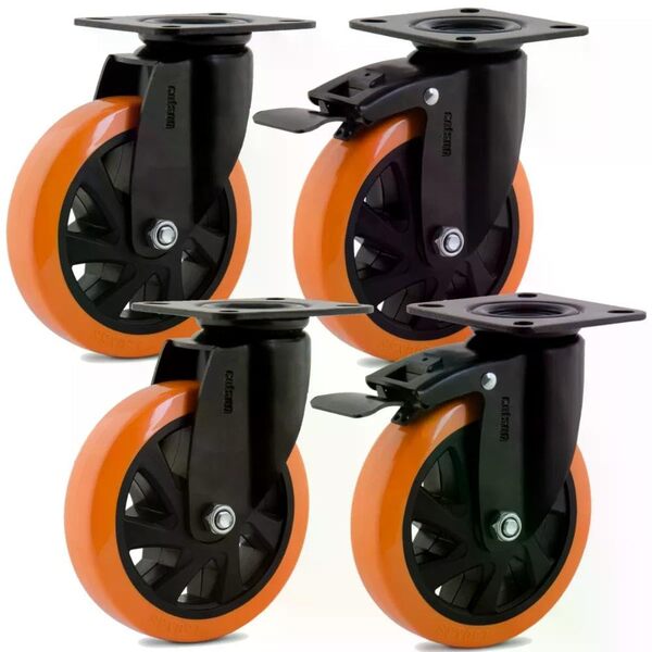 Kit 2 Rodízios Linha Black Placa 5" 128mm 170kg Laranja Sem F