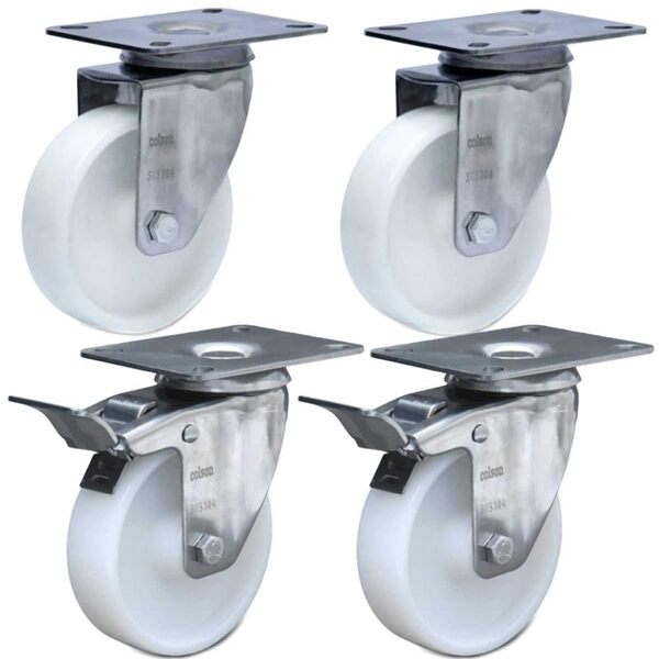 Kit 2 Rodízios Série 12 Inox Placa 101mm Nylon 170kg Sem Frei