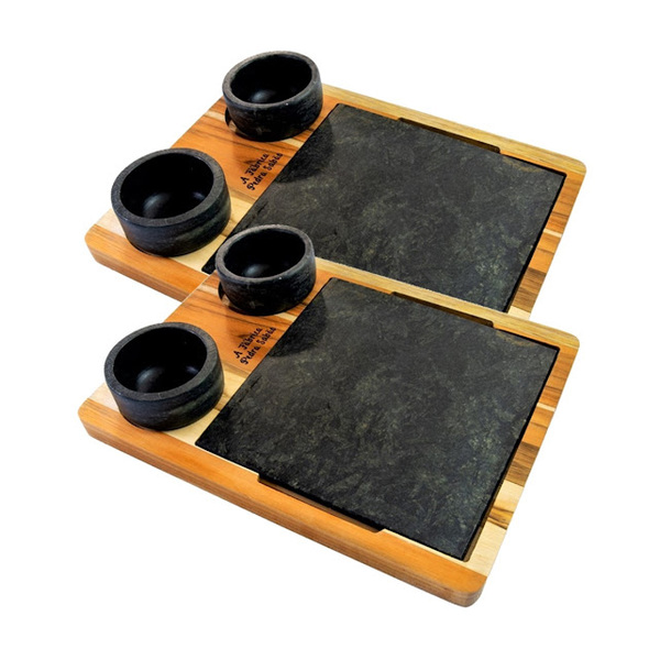 Kit 2 Tábua 04 Molheiras Em Pedra Sabão E Suporte G 25x25cm