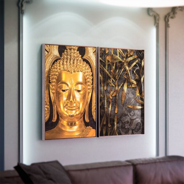 Kit 2 Telas Canvas Com Moldura Buda Gold