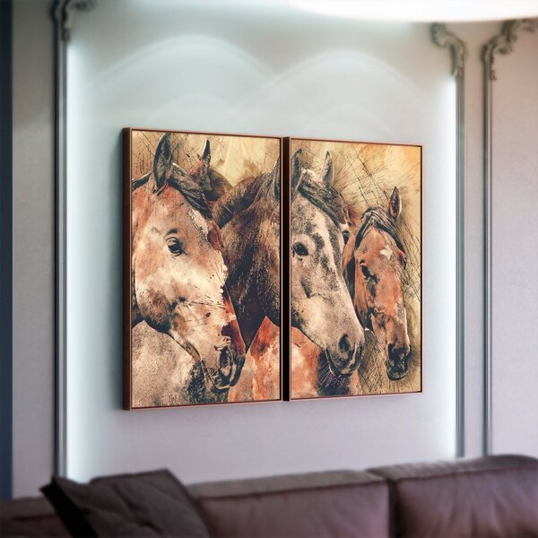 Kit 2 Telas Canvas Com Moldura Cavalos Abstratos