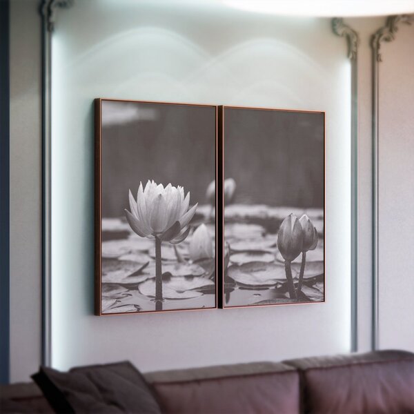 Kit 2 Telas Canvas Com Moldura Flor No Lago Preto E Branco