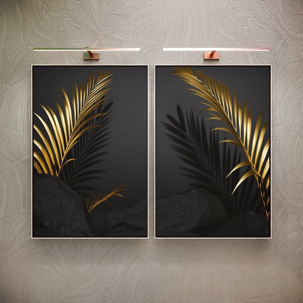 Kit 2 Telas Canvas Com Moldura Folha Dourada