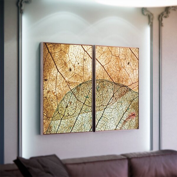 Kit 2 Telas Canvas Com Moldura Folhas Geométrica