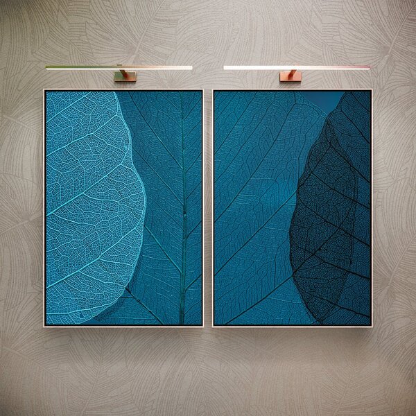 Kit 2 Telas Canvas Com Moldura Folhas Tons De Azul