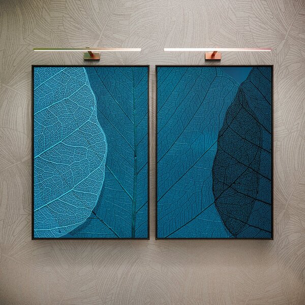 Kit 2 Telas Canvas Com Moldura Folhas Tons De Azul