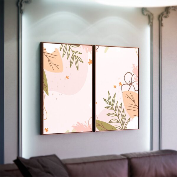 Kit 2 Telas Canvas Com Moldura Formas Abstrata E Flores
