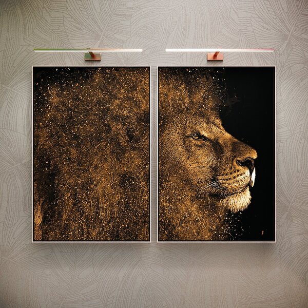 Kit 2 Telas Canvas Com Moldura Leão Dourado