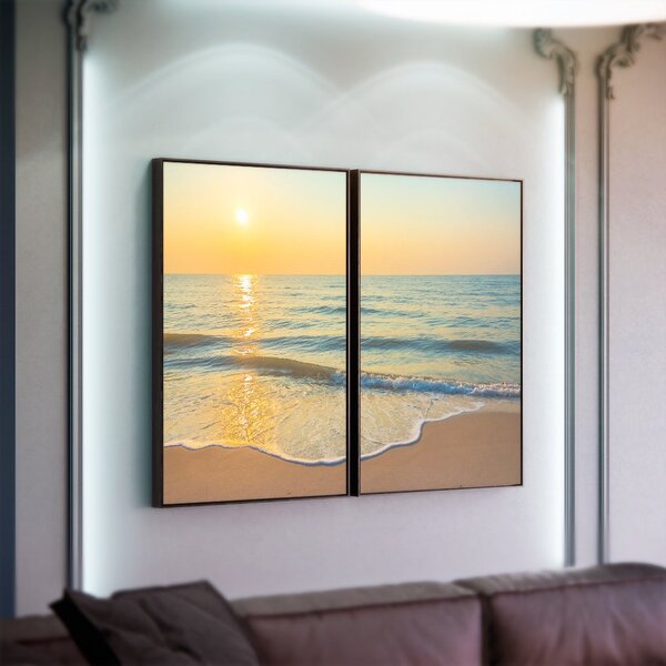 Kit 2 Telas Canvas Com Moldura Por Do Sol E Mar