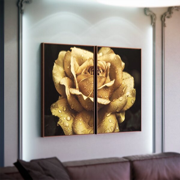 Kit 2 Telas Canvas Com Moldura Rosa Com Gotas De Orvalho