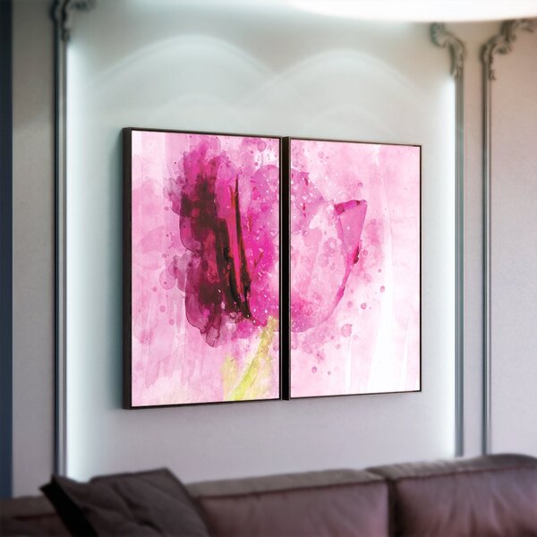 Kit 2 Telas Canvas Com Moldura Tulipa Rosa Aquarelada