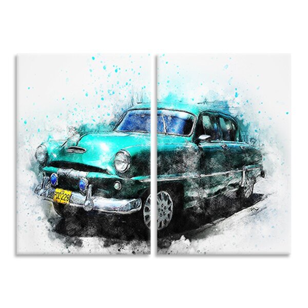 Kit 2 Telas Decorativas Carro Antigo Verde Aquarela