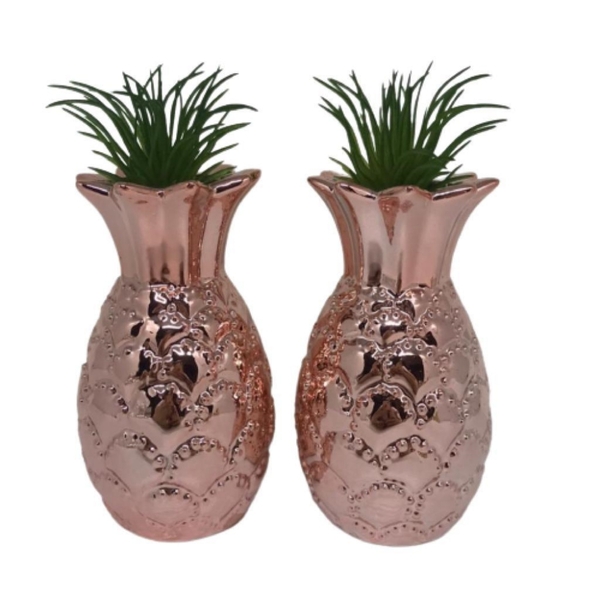 Kit 2 Vasos Abacaxi Rose Gold Com Suculenta