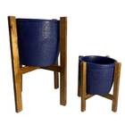 Kit 2 Vasos De Planta Com Suporte Madeira Decorativo Azul