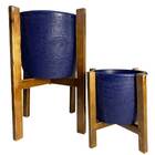 Kit 2 Vasos De Planta Com Suporte Madeira Decorativo Azul