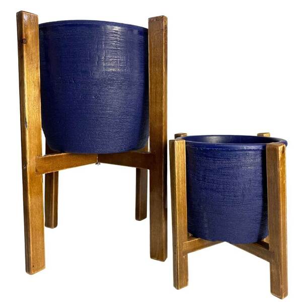 Kit 2 Vasos De Planta Com Suporte Madeira Decorativo Azul