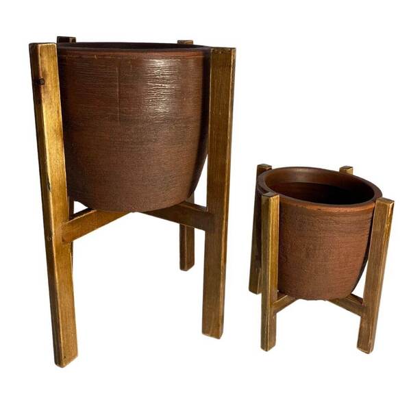 Kit 2 Vasos De Planta Com Suporte Madeira Decorativo Marrom