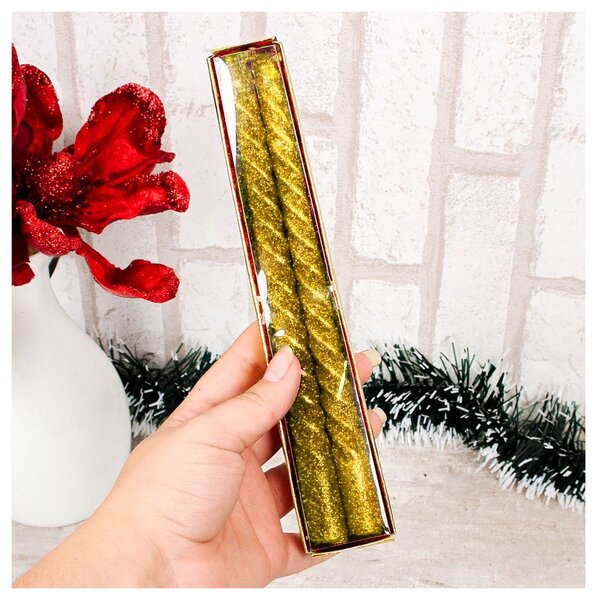 Kit 2 Velas Retorcidas De Natal Decorativa Com Glitter Dourada