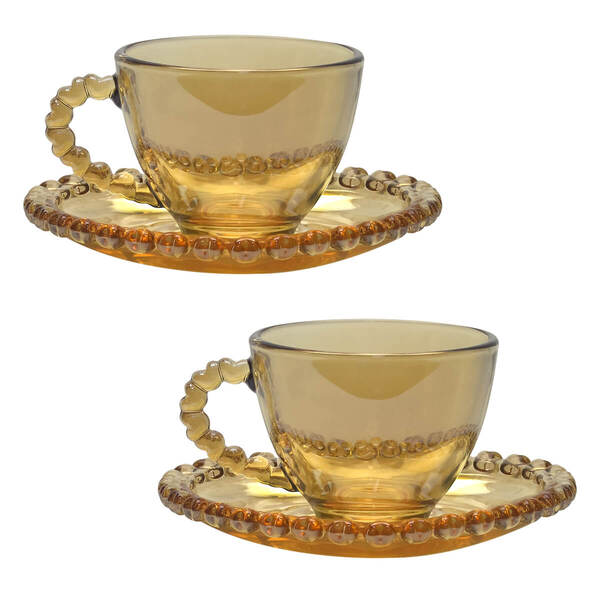 Kit 2 Xicaras Café Com Pires De Cristal Coração Âmbar