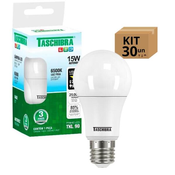 Kit 30 Lâmpadas Bulbo Led Taschibra Tkl Bivolt E27 15w 6500k