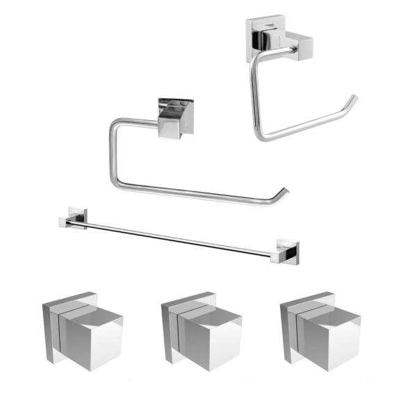 Kit 3 Acessórios Banheiro Cromado 3 Acabamento Quadrado Regis