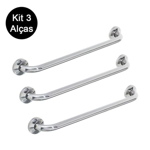 Kit 3 Alças Apoio Banheiro Inox Idoso Cadeirante Deficiente