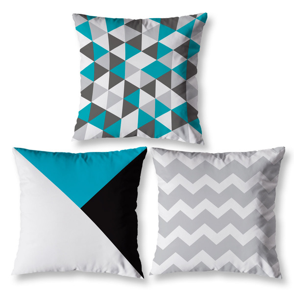 Kit 3 Almofadas Cheias Geométrico Sala Quarto 40cm Azul