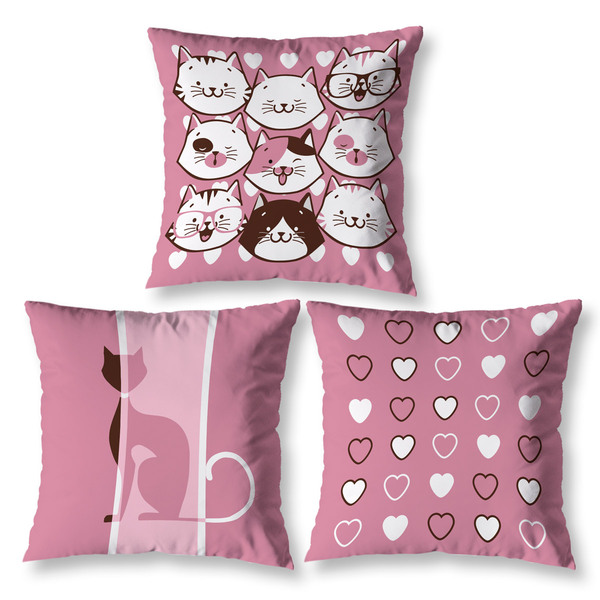 Kit 3 Almofadas Cheias Quarto Menina Gatos Decoração 40cm