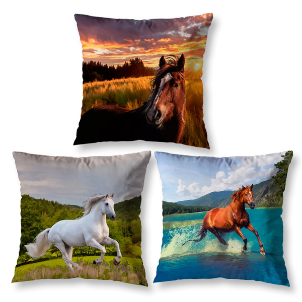 Kit 3 Almofadas Cheias Sala Quarto 40cm Cavalos Com Zíper