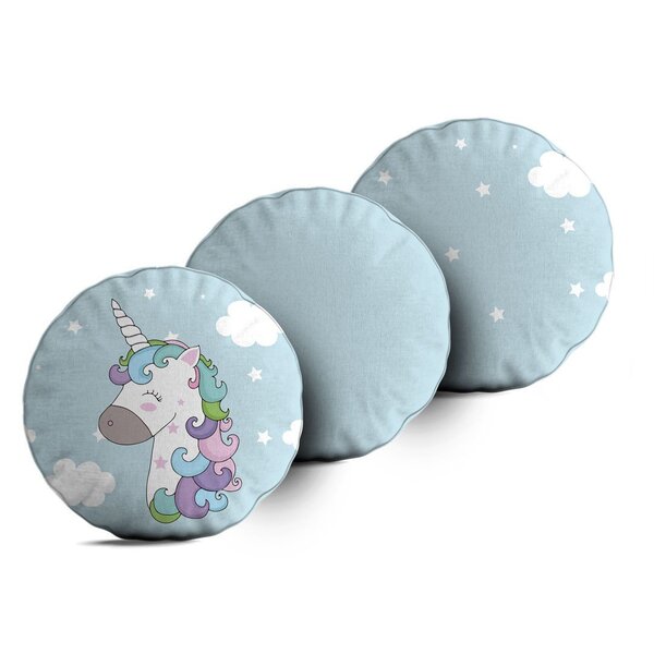 Kit 3 Almofadas Redondas Unicórnio Azul Único