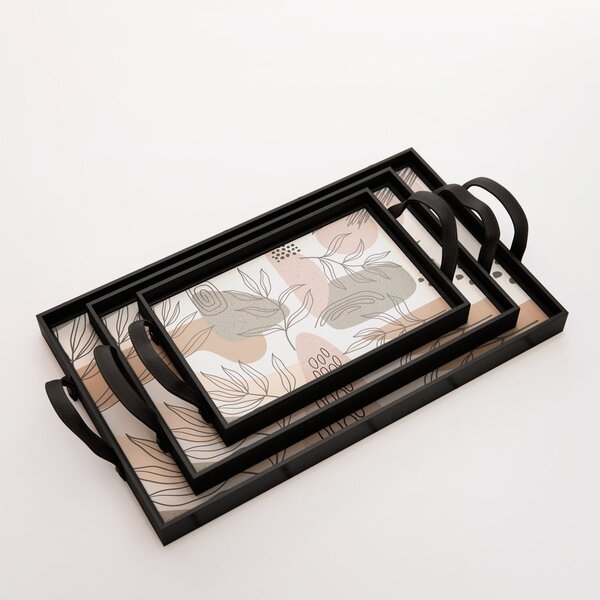 Kit 3 Bandejas Decorativas Abstrato E Ramos Preta