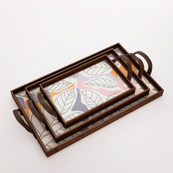 Kit 3 Bandejas Decorativas Folhas Verde Marrom