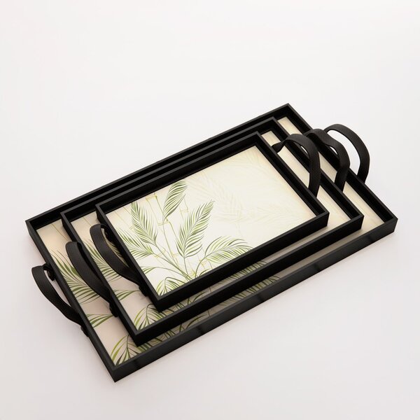 Kit 3 Bandejas Decorativas Folhas Verde Preta