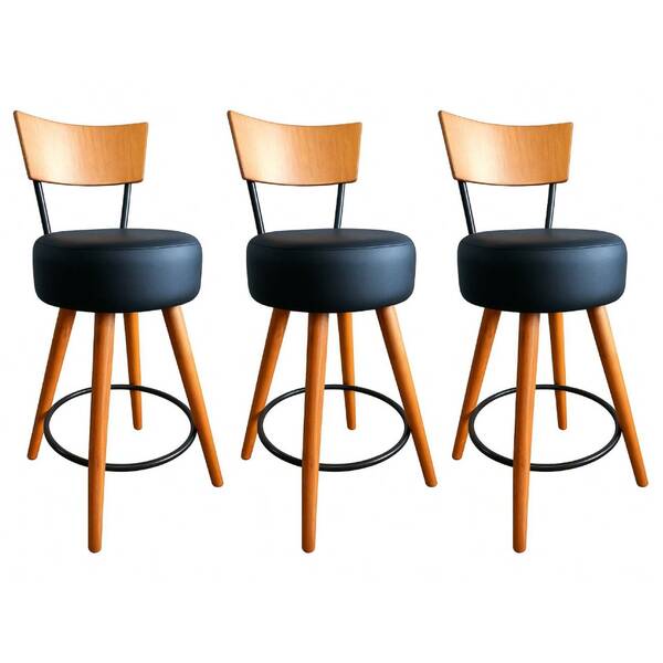 Kit 3 Banqueta Alta Cozinha Estofada Preta Com Encosto Madeir