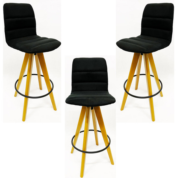 Kit 3 Banqueta Alta Madeira Giratória Helena Veludo Preto - P
