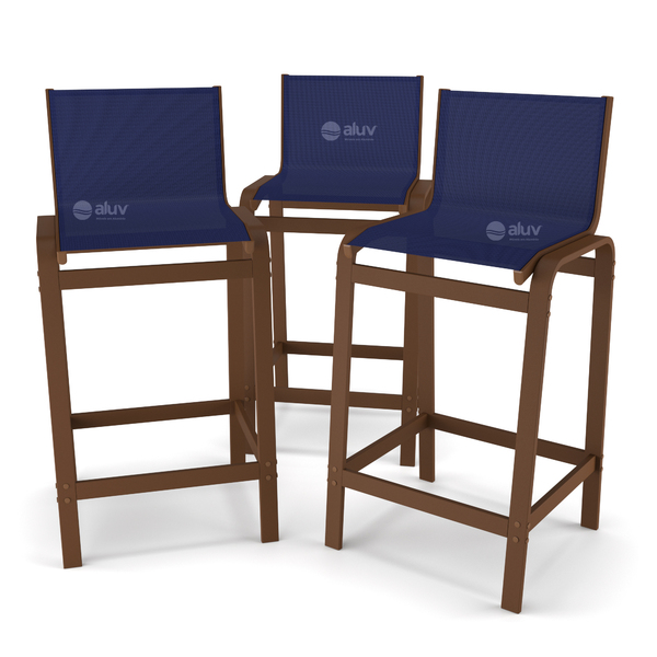 Kit 3 Banquetas Alta Bancada Alumínio Marrom Tela Azul