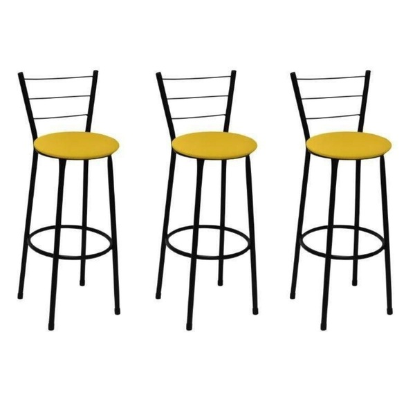 Kit 3 Banquetas Alta Preta Com Encosto Assento Amarelo Jaddi
