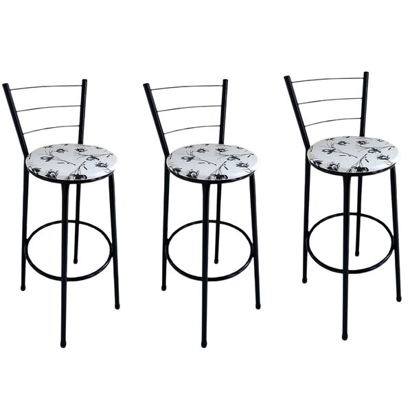 Kit 3 Banquetas Alta Preta Com Encosto Assento Branco Floral