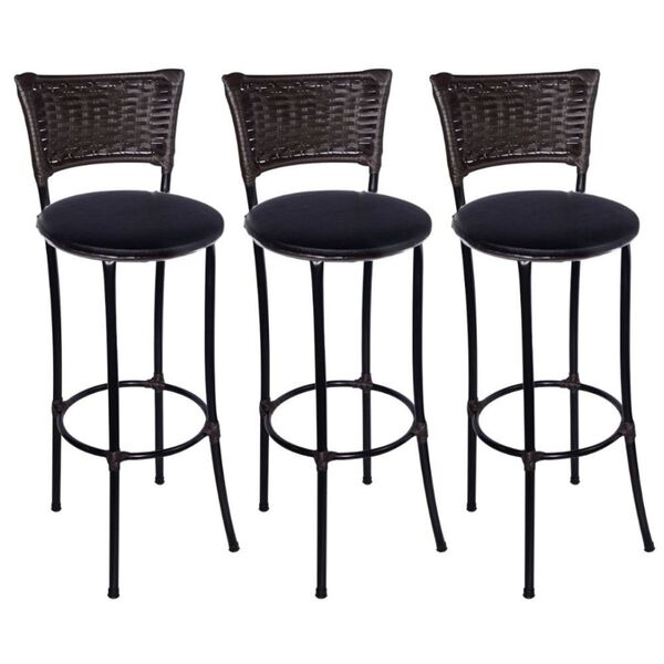 Kit 3 Banquetas Alta Romana Preta Com Encosto Junco Argila As