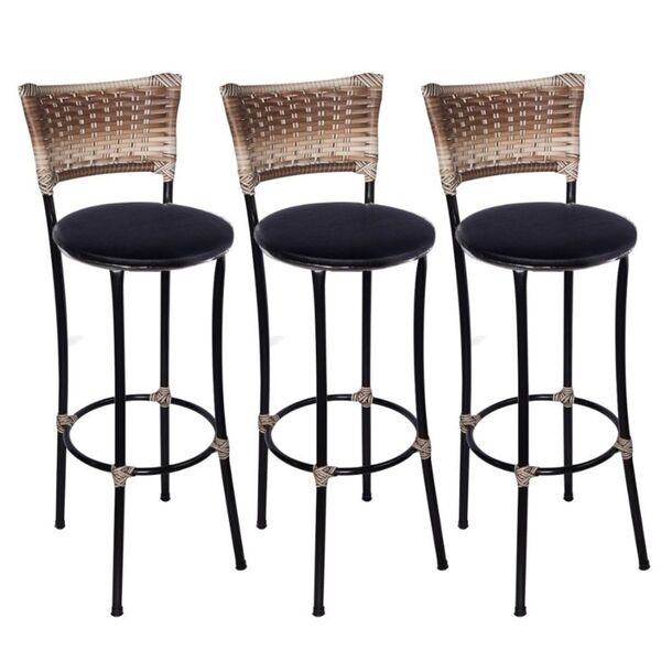 Kit 3 Banquetas Alta Romana Preta Com Encosto Junco Capuccino