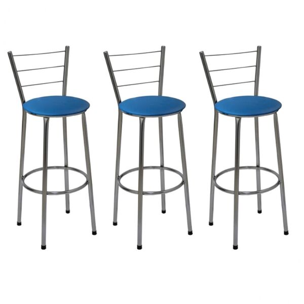 Kit 3 Banquetas Altas Cromada Com Encosto Assento Azul