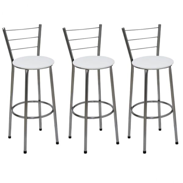Kit 3 Banquetas Altas Cromada Com Encosto Assento Branco