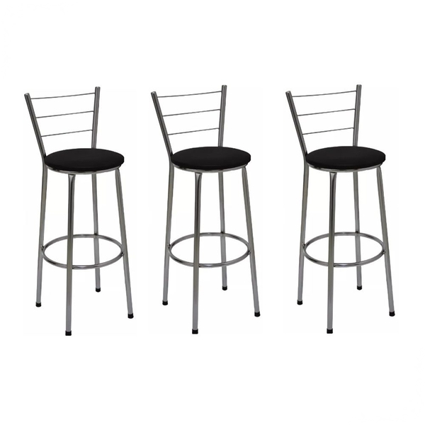 Kit 3 Banquetas Altas Cromada Com Encosto Assento Preto