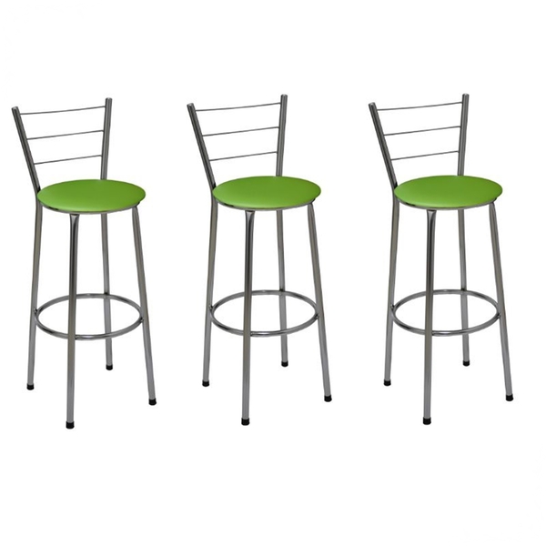 Kit 3 Banquetas Altas Cromada Com Encosto Assento Verde