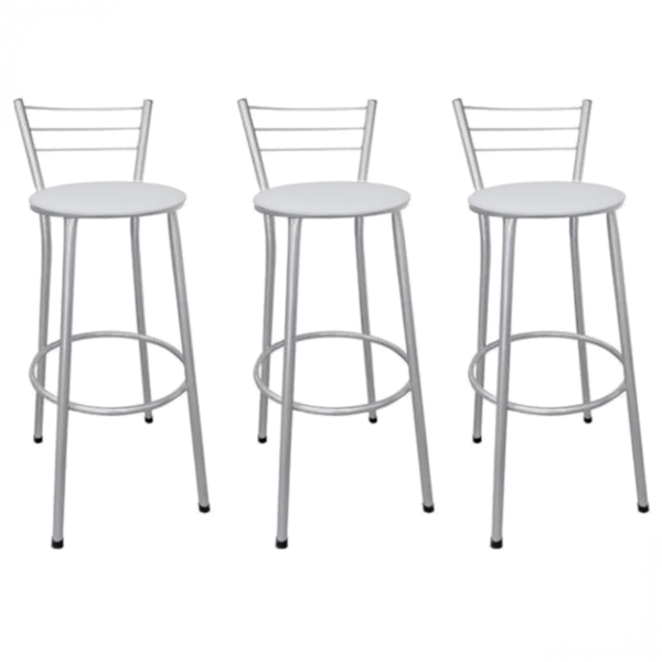 Kit 3 Banquetas Altas Prata Com Encosto Assento Branco
