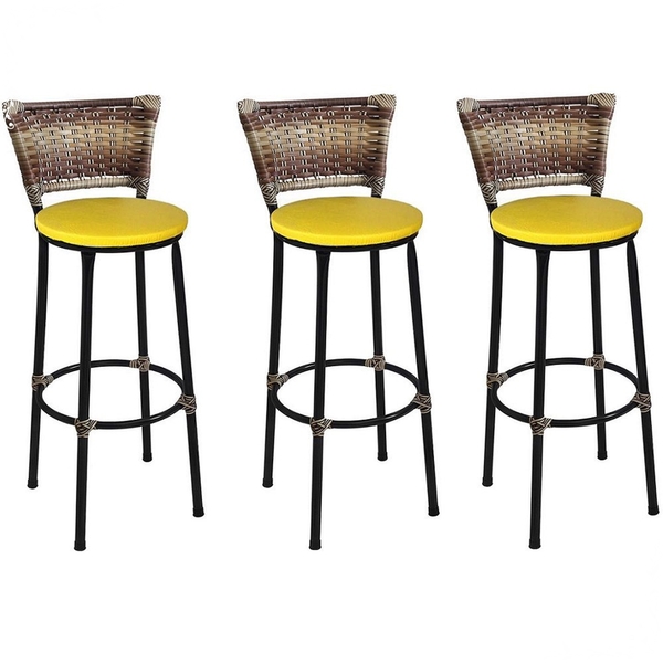 Kit 3 Banquetas Altas Preta Com Encosto Junco Capuccino Assen
