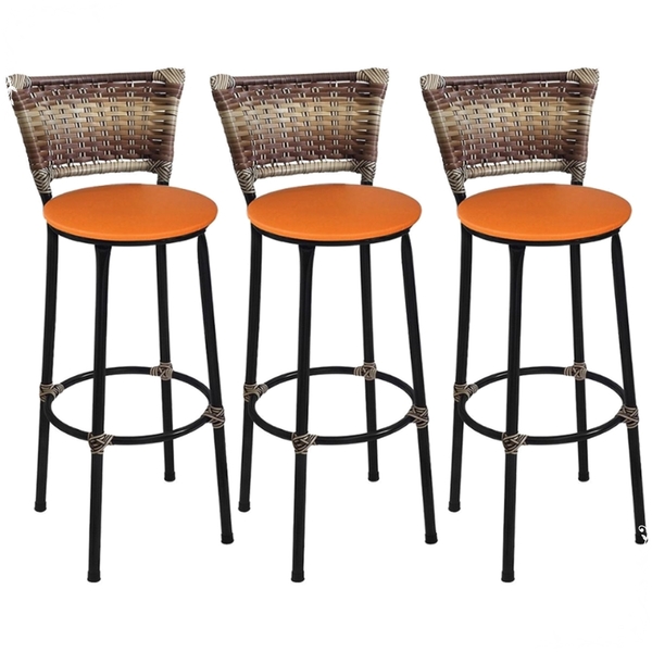 Kit 3 Banquetas Altas Preta Com Encosto Junco Capuccino Assen